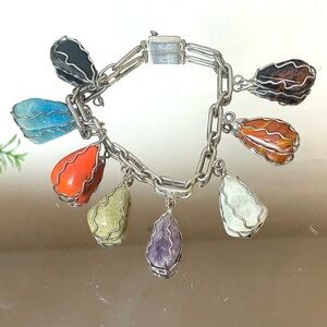 Vintage Multi Gemstone Sterling Silver Twisted Wire Bracelet. Natural Stones.